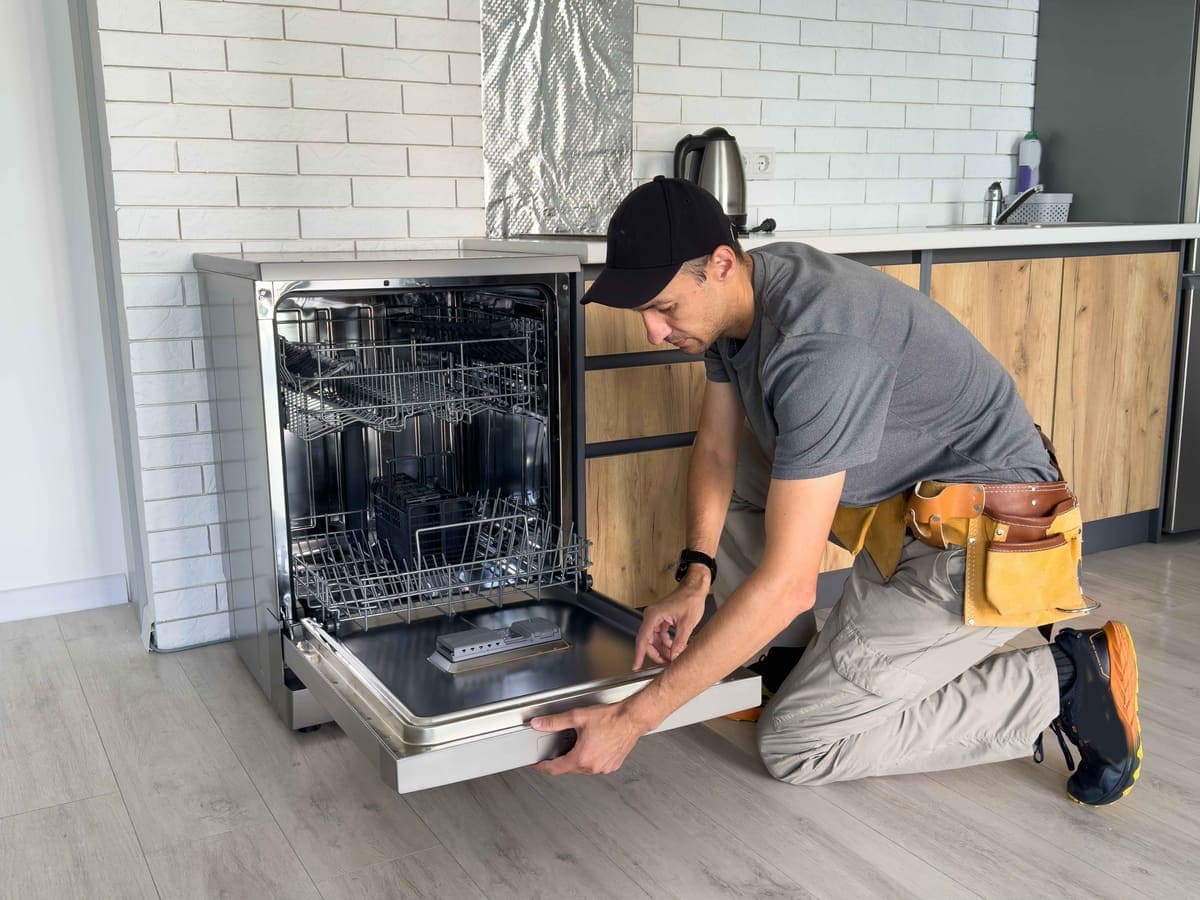 Person kneeling beside an open dishwasher in a kitchen with white brick and wood cabinets